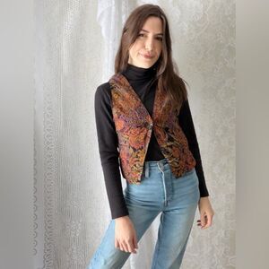 Vintage 1990s Elliott Lauren Tapestry Floral Vest Medium Black